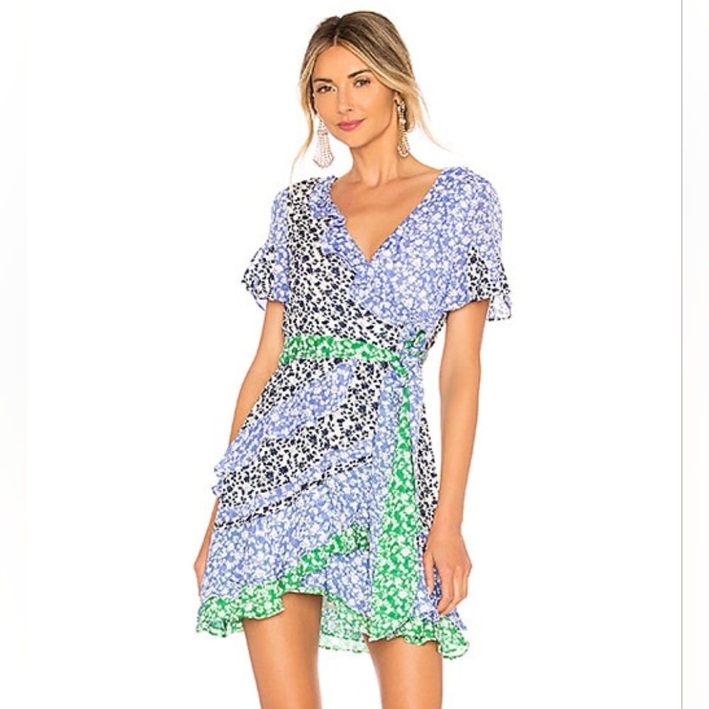 Tanya Taylor Ditsy Floral Bianka Wrap Silk Ruffle Dress Navy Lavender Si…